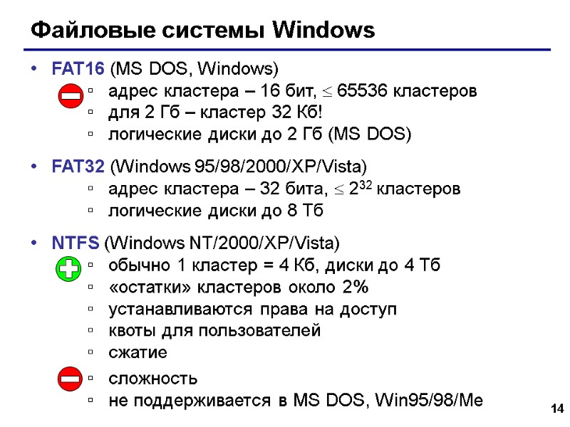 14 Файловые системы Windows FAT16 (MS DOS, Windows) адрес кластера – 16 бит, 